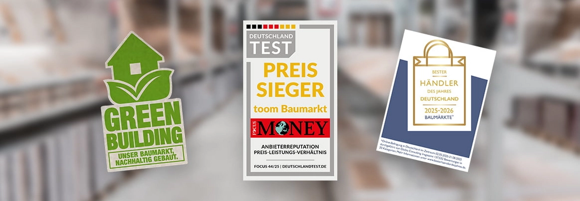 Drei Auszeichnungen für einen Baumarkt: Green Building, Preissieger und Bester Händler.